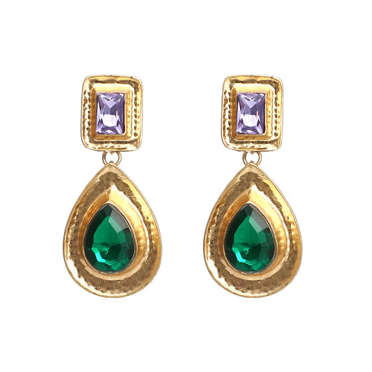 Gold drop-shaped alloy crystal earrings