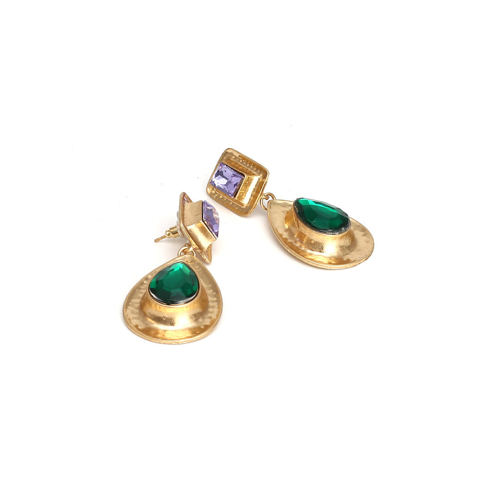 Gold drop-shaped alloy crystal earrings