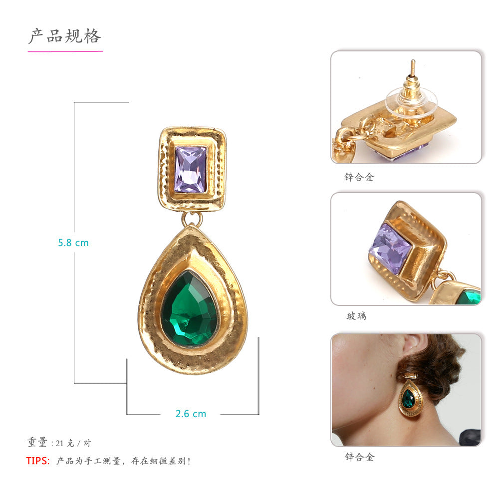 Gold drop-shaped alloy crystal earrings