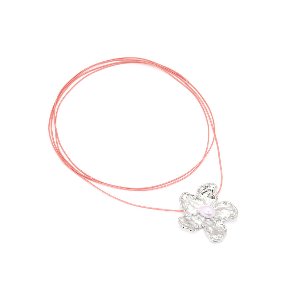 Pink Rope Metal Flower Pendant Necklace