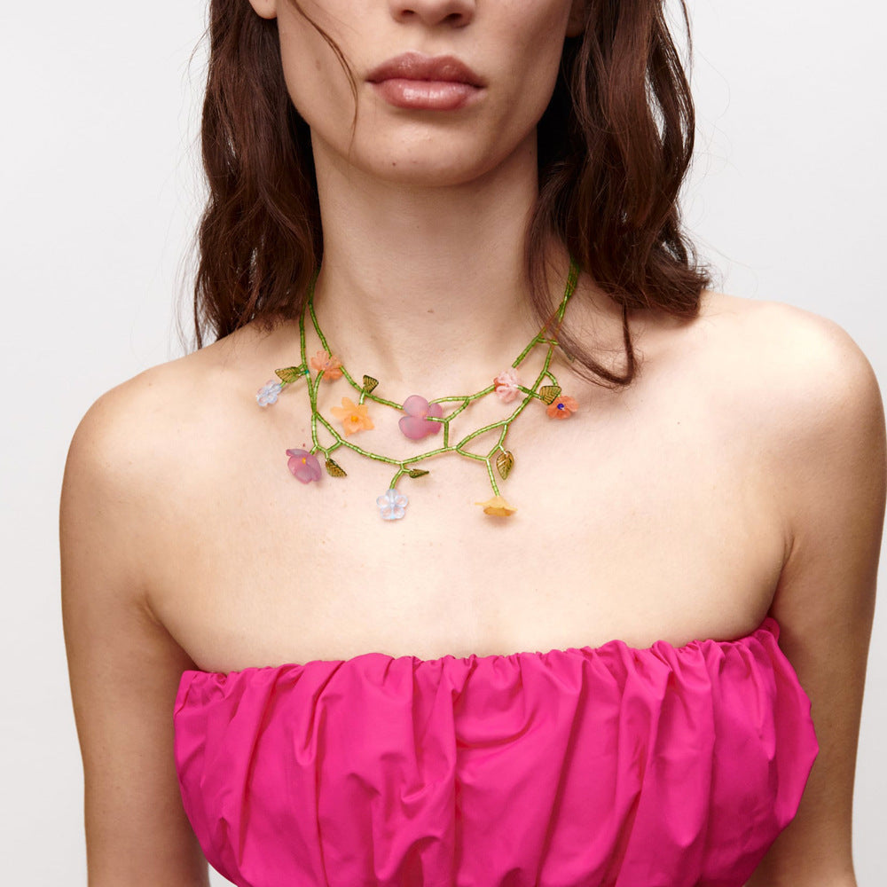 Multi-layered hand-woven floral clavicle chain