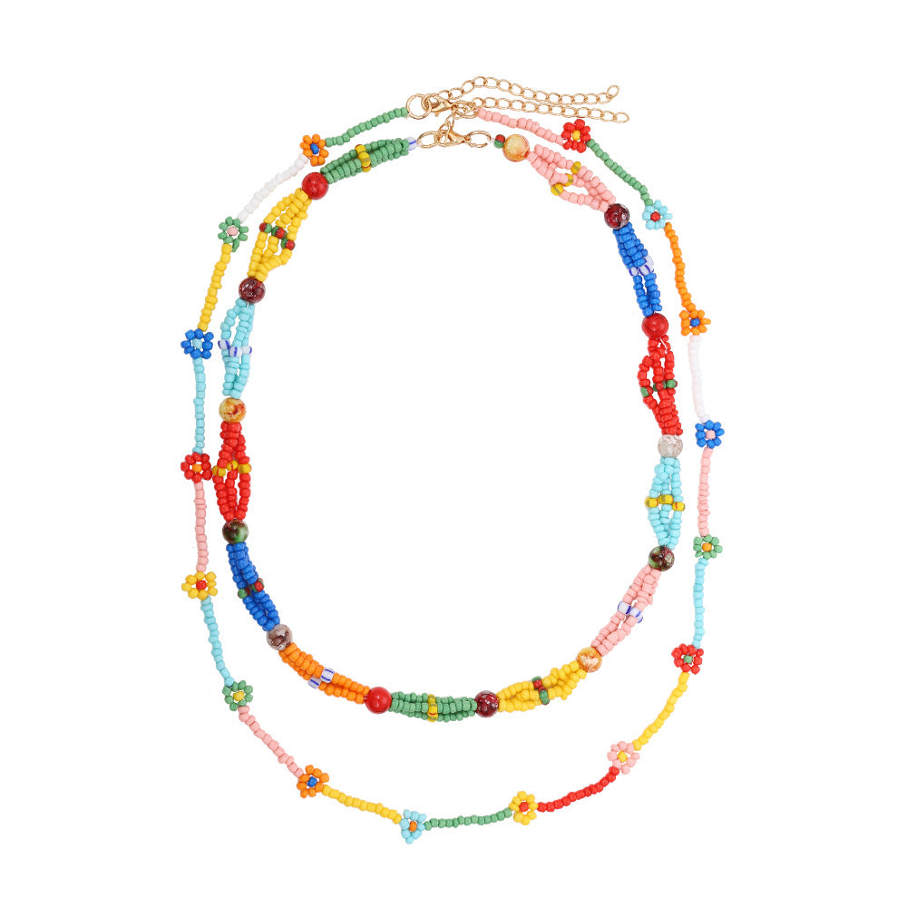 Handwoven double layer colorful flower necklace