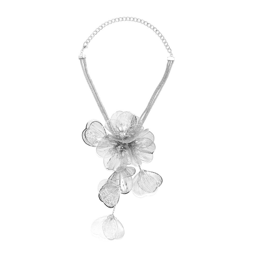 Multi-layered three-dimensional metal flower necklace