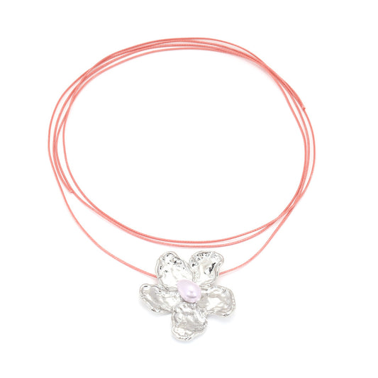 Pink Rope Metal Flower Pendant Necklace