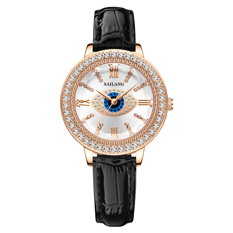 Diamond and leather quartz women's watch