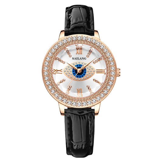 Diamond and leather quartz women's watch