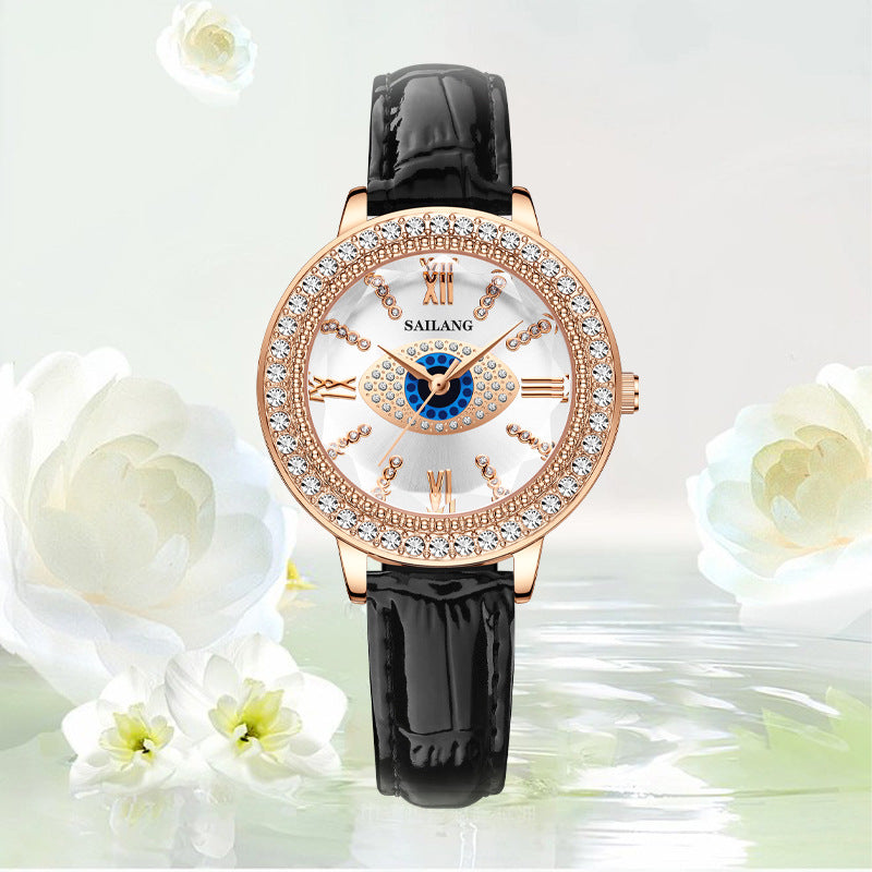 Diamond and leather quartz women's watch