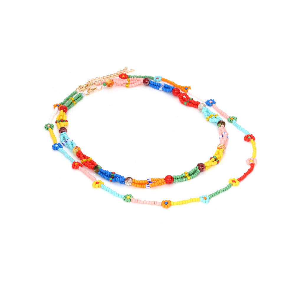 Handwoven double layer colorful flower necklace