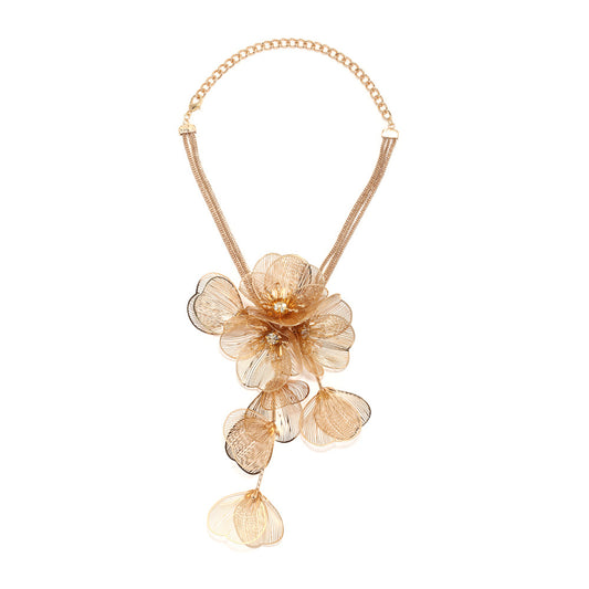 Multi-layered three-dimensional metal flower necklace