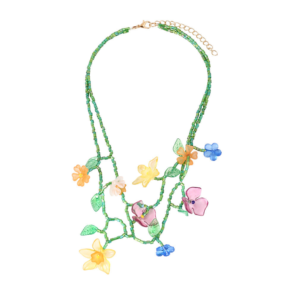 Multi-layered hand-woven floral clavicle chain